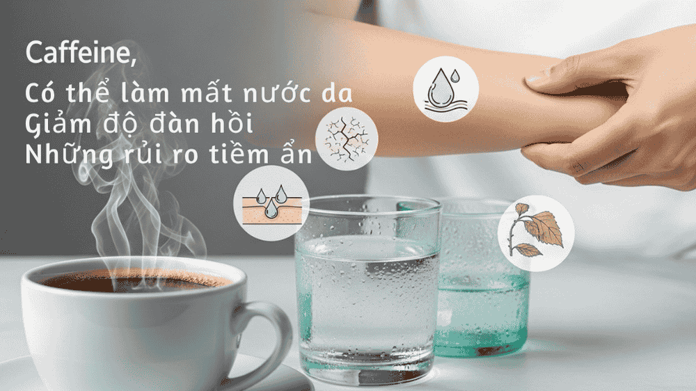 caffeine là khả năng lợi tiểu, có thể dẫn đến mất nước da nếu không được bù đủ. Da bị mất nước da trở nên khô ráp, thiếu sức sống, và các nếp nhăn dễ xuất hiện.